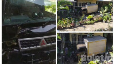 Mobil Pick Up L300 Seruduk Pagar Rumah Warga di Jalan Raya Desa Pamaroh, Pamekasan