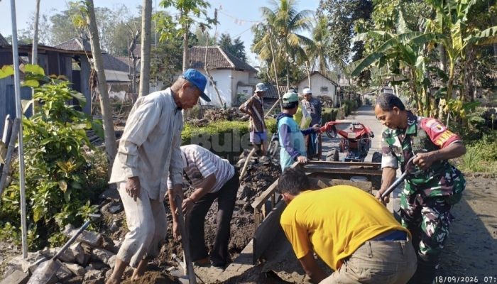 Gotong Royong di Dawuhan Bondowoso, Babinsa dan Warga Bersama Benahi Fasilitas Dusun Timur Sawah